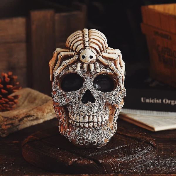 Hodeskallehoved skulptur edderkop dekoration, kreativ blomster kranium skrivebords ornament kranium samleobjekt til hjemmet kontor skrivebordsforsyninger. 1stk brun