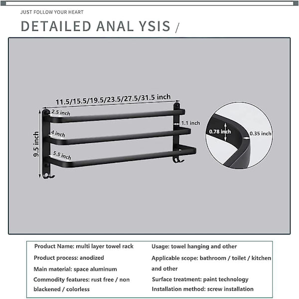 Aluminium vægmonteret håndklædeholder - 3 lag - 30 cm - Vandtæt - Sort - Velegnet til badeværelse, køkken, vaskerum 30*21.5cm