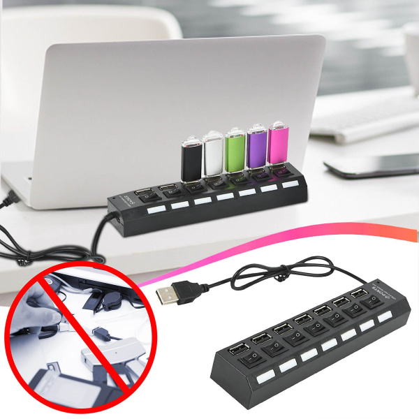 7-ports USB+hub 2.0 Data Hub Splitter med individuelle av/på-brytere USB-portutvider for PC og Laptop Black