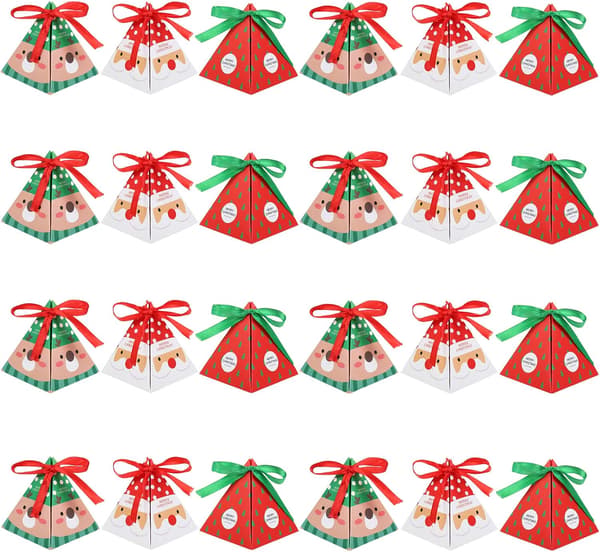 24 Christmas Candy Boxes Triangular Boxes with Ribbons for Biscui