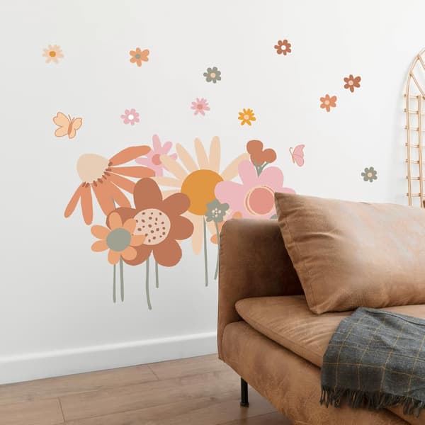 Färgglada Blommiga Väggdekaler Retro Boho Blommiga Väggdekaler Stor Trädgårdsblommiga Väggdekaler För Vardagsrum Sovrum