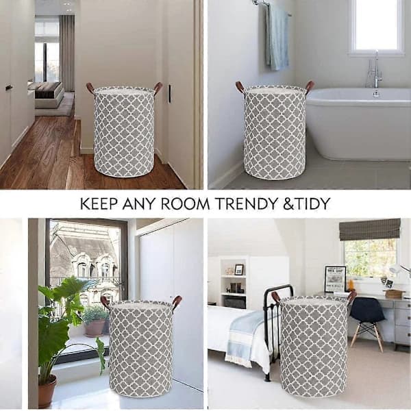 HA~60L Large Laundry Hamper with Durable Leather Handle, Thickened Waterproof Drawstring Round Foldable Laundry Basket (Grey, L)