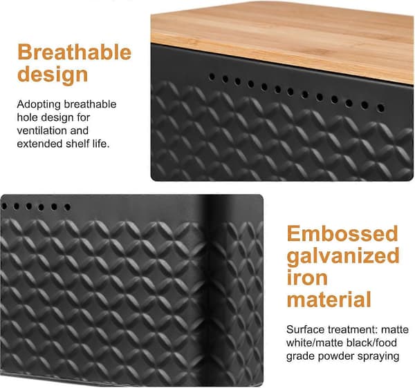 Metal Bread Box with Bamboo Lid, Adaptable as Cutting Board, Bread Box, Large Bread Box, 33x18x13.5 cm, Modern Rectangular Bread Box