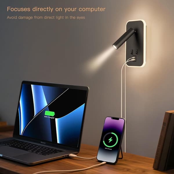 Hodegjerde leselampe, sengelampe plug-in fast tilkoblet 2-i-1 vegglampe, sengelamper USB C+A-porter, justerbare hodegjerdelamper for soverom