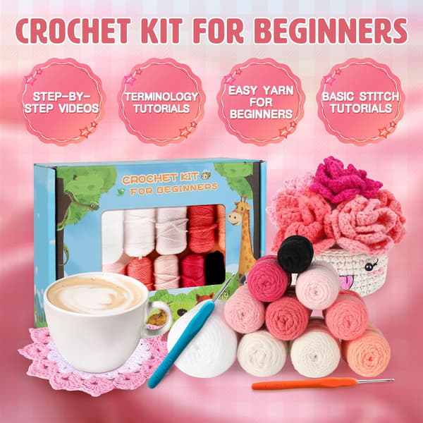 Crochet Kit for Beginners Adults, 6 Handmade Coasters with 1 Potted Plant Crochet Kit, with Crochet Hooks with Video Tutorial