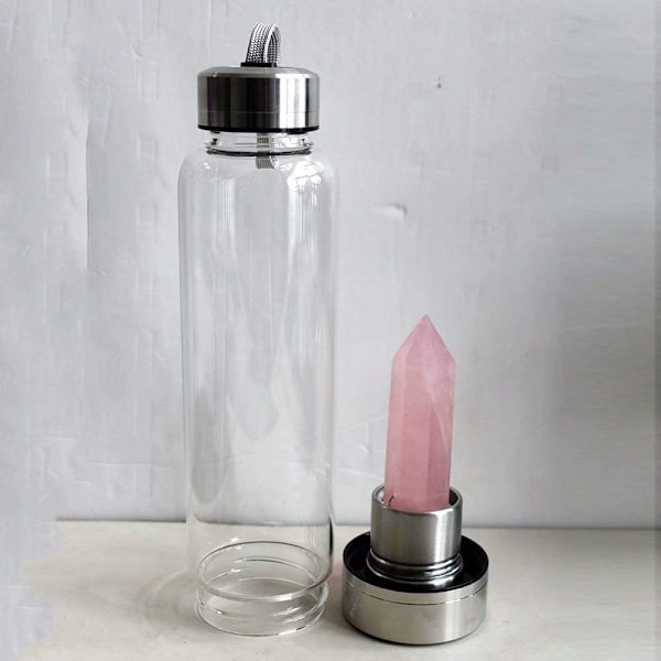 Vattenflaska med ädelstenspresent Rosakvarts Kristallspetsar | 6 Facetterade Reiki Chakra Meditationsterapi, Handhållen Glasenergiflaska