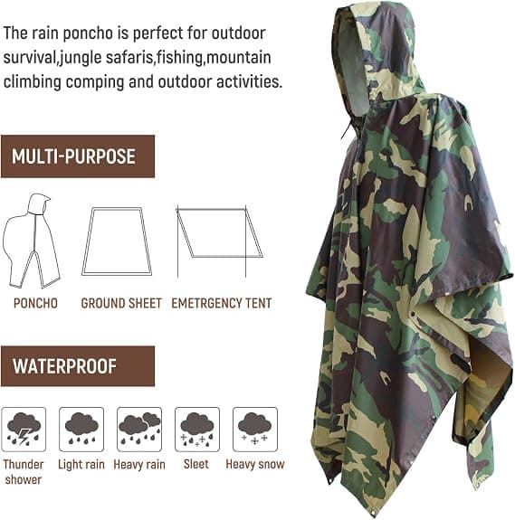 Hooded Poncho Multifunctional Raincoat Waterproof Rain Jacket, Tent