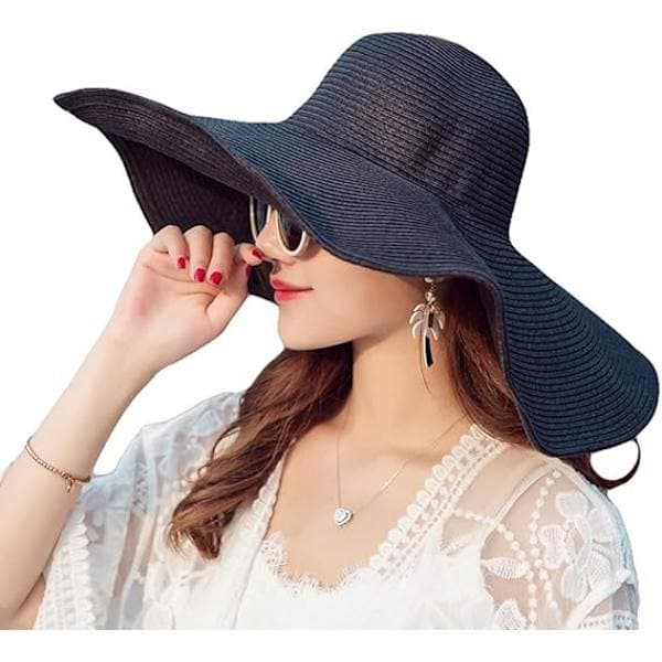 Damehat med bred skygge, stråsolhat, UPF 50, sommerhat, foldbar, strandhat, solhat, stråhat, sort