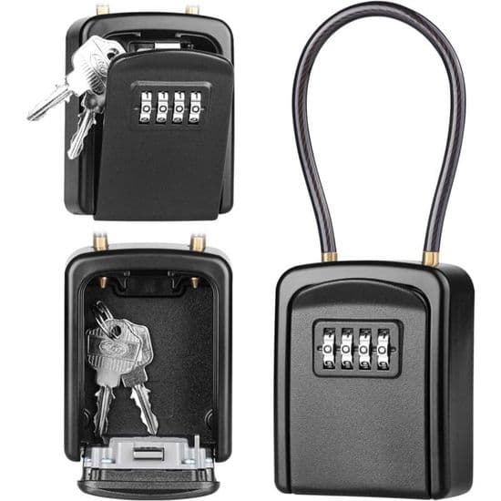 Metal Key Cabinet with Cable, Secure Key Safe with 4-Digit Combination Lock, Waterproof for Outdoor Use, Black