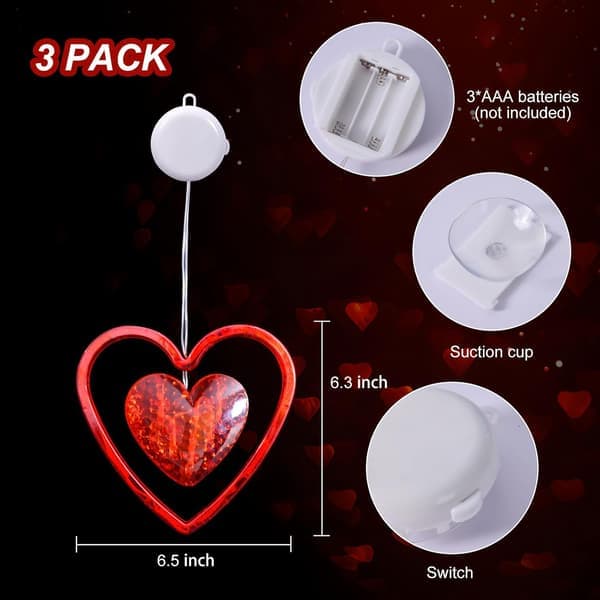 Valentine's Day Window Lights 3-Pack Timer Battery Hanging Heart Silhouette Suction Cup [Ho]