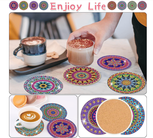 Coasters 8-pack with diamond painting and stand, DIY
