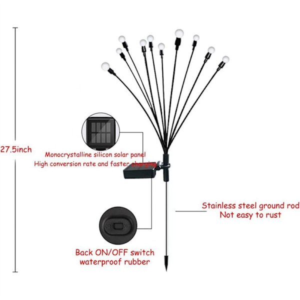 2 stk 10-hoved solcellelamper, 10 LED udendørs solcellelamper