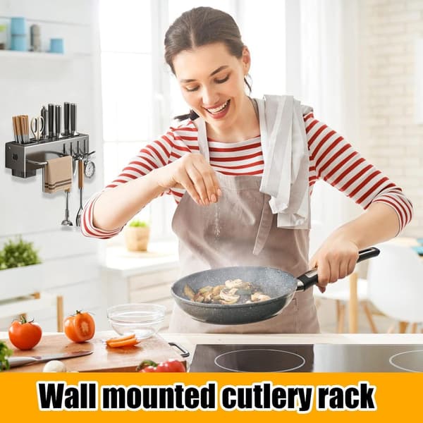 Drill-Free Wall-Mounted Kitchen Utensil Holder with Hooks, Hanging Spatula Spoon Cutlery Storage Rack Kitchen Accessory Organizer