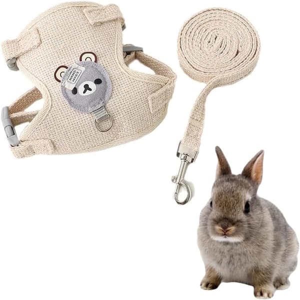 Harness for Dwarf Rabbit, Rabbit Harness, Collar and Leash for Small Animals, Adjustable, Breathable, (Beige, S)