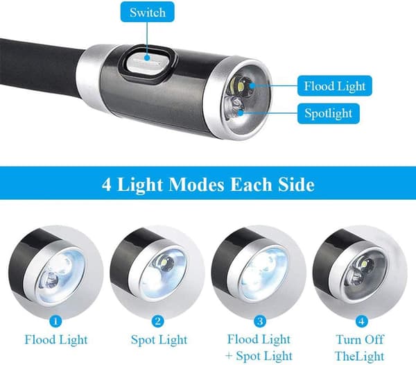Leselys til å ha rundt halsen, perfekt for lesing i sengen, med 4 LED-er og 3 moduser med U-formede LED-er.