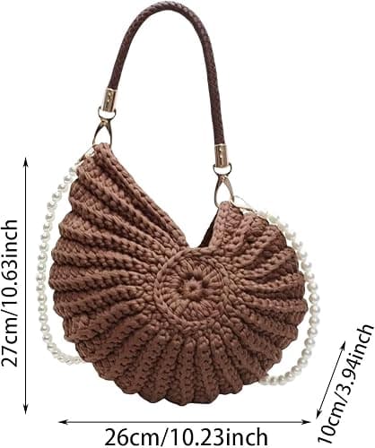 Handmade Crocheted Shell Bag - Boho Beach Bag for Women with Pearl Accent, Crocheted Shell Handbag - Brown Brown
