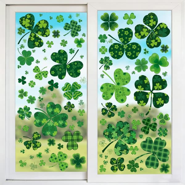 St Patricks Day Window Decals, Reusable Double-Sided Clover Stickers for Glass, Spring Home Office (117 pcs)