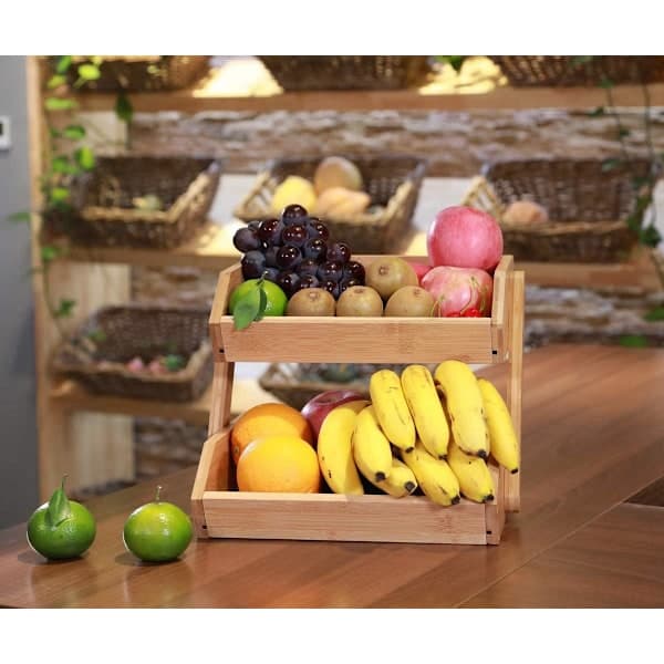 2-Tier Bamboo Fruit Basket, Bread Basket, Vegetable Storage, Snack Stand for Kitchen and Office