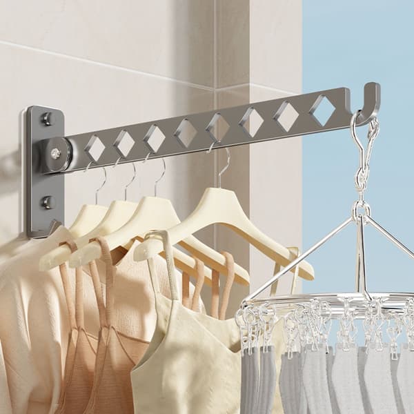 Wall-mounted foldable drying rack, multi-angle stainless steel laundry hanger, no drilling for balcony, wardrobe, indoor use, grey Grijs Grijs
