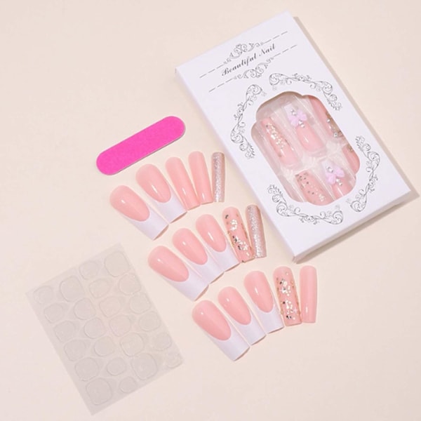 Lange firkantede press-on negler 3D sløyfe falske negler franske negletupper full dekning bling ballerina falske negler for kvinner og jenter 24 stk, Nude