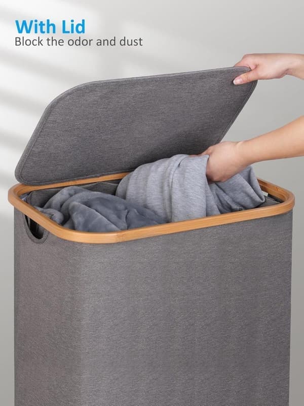 Laundry basket on wheels 100L – Slim laundry basket with lid, bamboo handle & removable bag