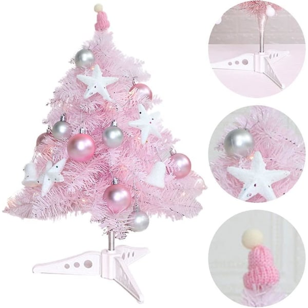 Rosa kunstig juletre med kuler og led lys, mini juletre til julepynt, hjem, spisebord (45cm) (rosa)