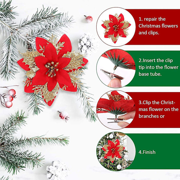 Pakke med 5 14cm Juleglitter Poinsettia Blomsterpynt til Krans Klips Stængler Guld og rød