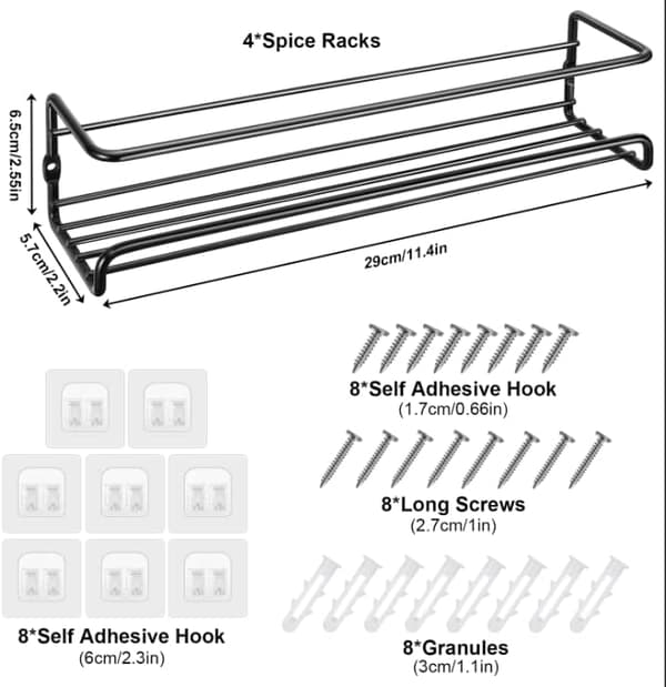 Wall-mounted spice rack, with self-adhesive hooks and screws, Spice rack for kitchen bathroom balcony, Kitchen storage - 29×6.8×6.5CM