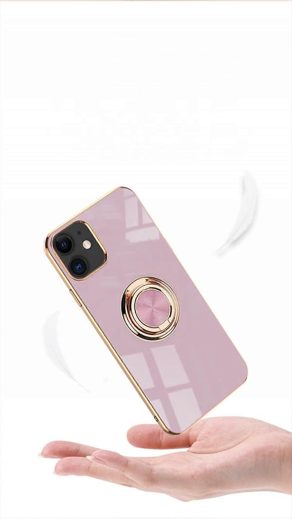 Compatible with iPhone 14 Pro Case with Ring Holder Full Camera Lens Protection Plating Rose Gold Edge 360 Stand Protective Case