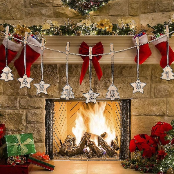 Julkalendersiffror i Trä, Julkalendersiffror för Nedräkning till Jul med 24 Stycken Klämmor, Träjulsgranspydnad