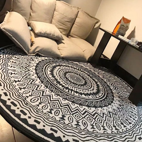 Rund Matte 100cm Svart Mandala Myk Baderomsmatte Sklisikker Vaskbar Aksentmatte Trendy Gulvmatte for Gang Stue Soverom Barnerom
