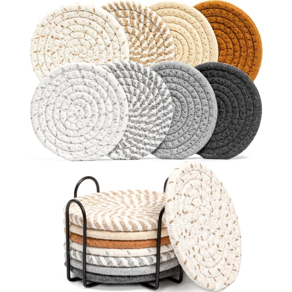 8 stk Drikkestativ med Holder, 8 Farger Absorberende for Drikkestativ Kopper Bomullsstativsett Vevde Stativ 4,3 Tommer