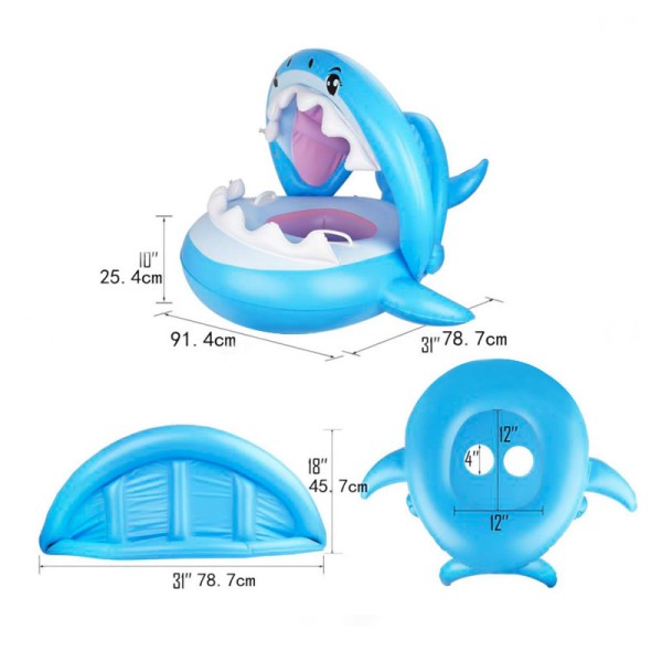 Baby Pool Float Toddler Floaties med Solskydd Uppblåsbar Haj Spädbarns Poolring för Barn i Åldern 6-36 Månader