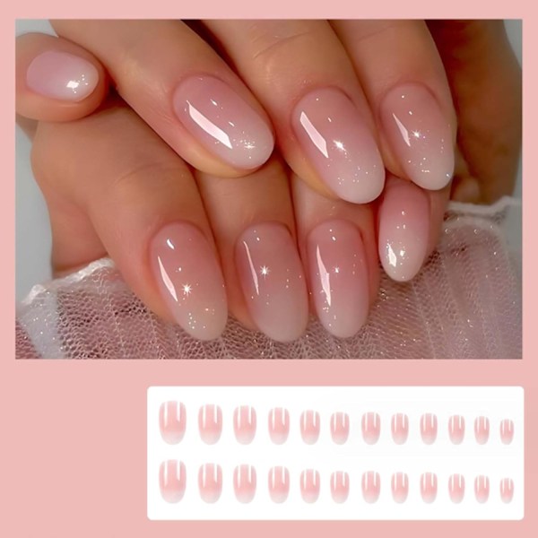 Korta Lösnaglar Mandel Press-on Naglar Nude Gradient Nageltippar Full Cover Söta Falska Naglar för Kvinnor och Flickor 24 st