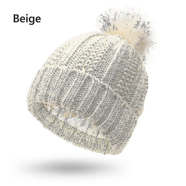 Mode Beanie för Kvinnor Varm Stickad Mössa med Fuskpäls Pompom Vinter Stretch