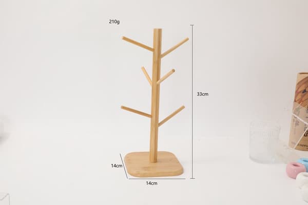Coffee Mug Holder Bamboo - 6 Hooks - Space Saving - Stable - For Kitchen Counter or Coffee Bar