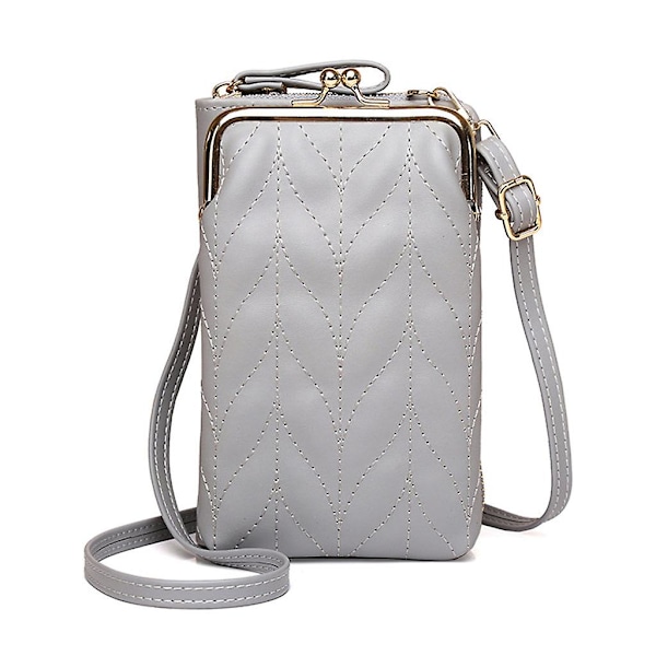 Liten Crossbody Väska för Mobiltelefon i Konstläder med Dragkedja, Plånbok med Kortfack, Axelväska med Spänne, Handväska, Koppling, Grå