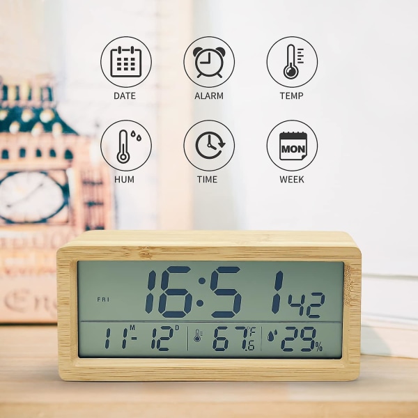 Bambus Digital Väckarklocka, Multifunktionell Tyst Väckarklocka med Tid/datum/temperaturvisning, Batteridriven Digital Klocka kräver 3 AAA-batterier