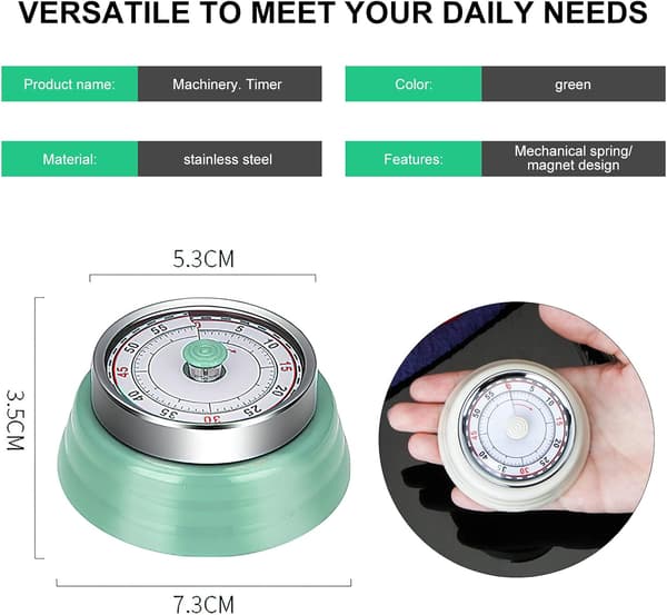 wxsp Mekanisk kökstimer, påminnelse, rostfritt stål, retrodesign, mintgrön, magnetisk för kylskåp, analog