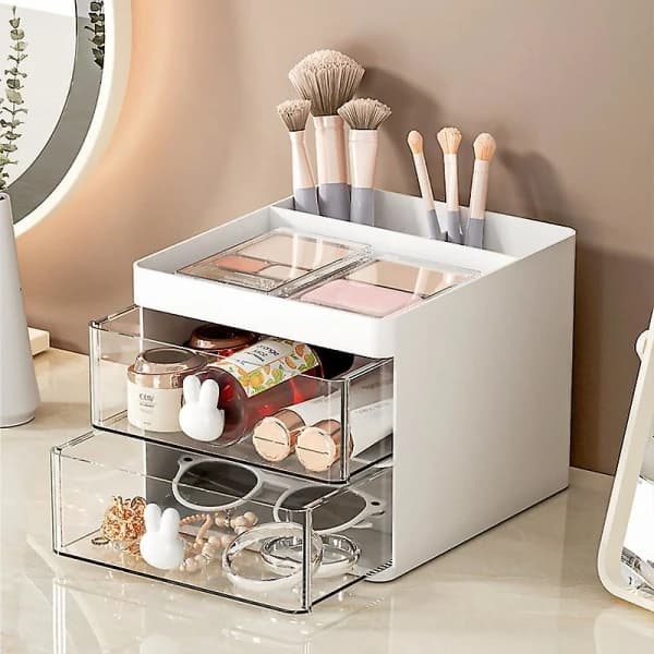 Makeupopbevaring med 2 skuffer - Opbevaring til makeup og kosmetik, stabelbar kosmetikboks, hvid