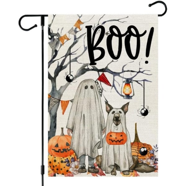 Halloween Garden Flag Ghost Dog 12x18 Inch Double Sided for Outside Small Burlap Welcome Holiday Ghost Yard Flag