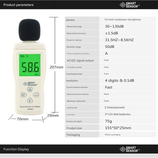 Decibelmåler med baggrundsbelyst LCD-display, 30-130dBA måleområde, datahold-funktion til hjem og fabrik