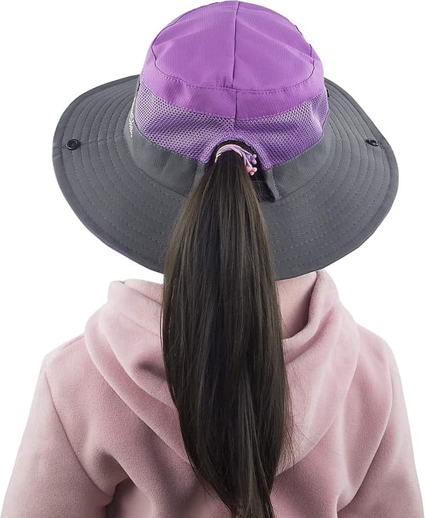 Sommerhatt med bred brem for jenter, hestehalehull, UV-beskyttelse, bøttehatt