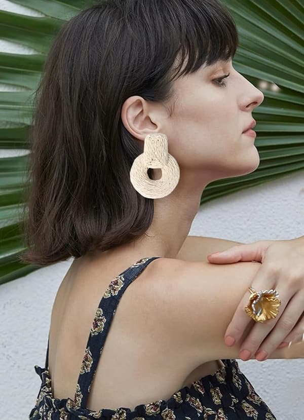 Håndlavede Statement Raffia Øreringe Søde Boho Rattan Dingle Øreringe Lette Halm Viklede Sommer Dingle Øreringe til Kvinder