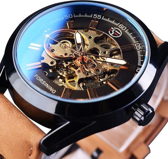 Herreur 43mm Rustfrit Stål Læderrem Mekanisk Armbåndsur Brun Sort