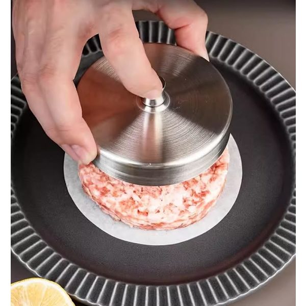 Rustfri stål burgerpresse hamburgermaskine non-stick pattyform ideel til grill og perfekte bøffer. Nem at betjene og rengøre