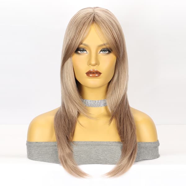 Light brown long straight hair with bangs and multiple layers