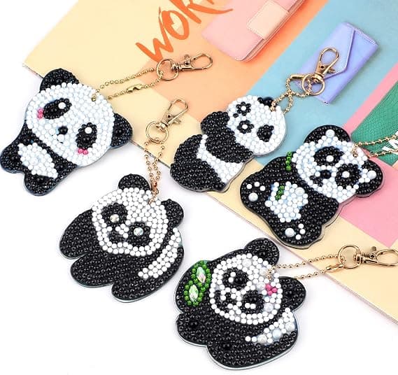 5 stk DIY 5D Panda Diamantmaleri Nøgleringe, Rhinestones