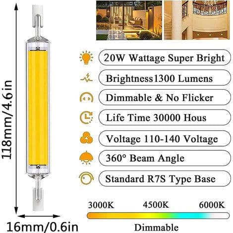 118 mm R7s LED Bulbs, 4 High Brightness Double-Ended Warm White 20W Bulbs, Equivalent to 200W Halogen Bulbs.