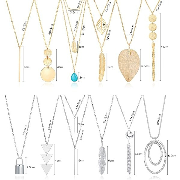 12 st Set med Långa Hängande Halsband för Kvinnor, Guld Bar Fjäder Triangel Blad Lås Tassel Y Halsband Smyckesset för Flickor